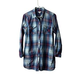 J Jill Denim Blue Plaid Button Front 3/4 Sleeve Tunic Blouse